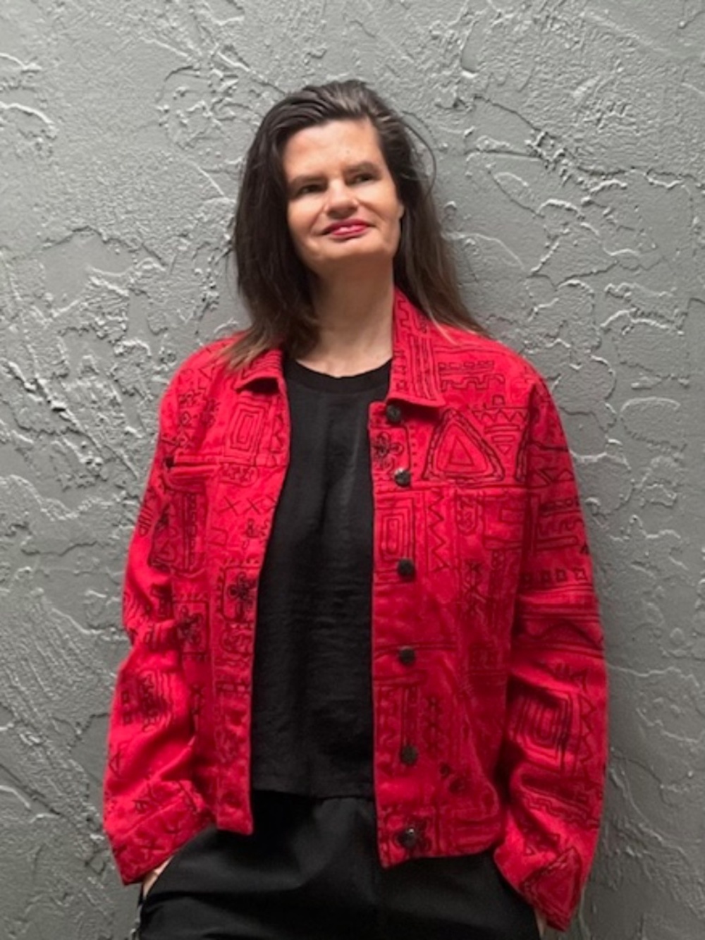 Chico's Size 1 Red Embroidered Cotton Jacket Wearable Art Made in India
